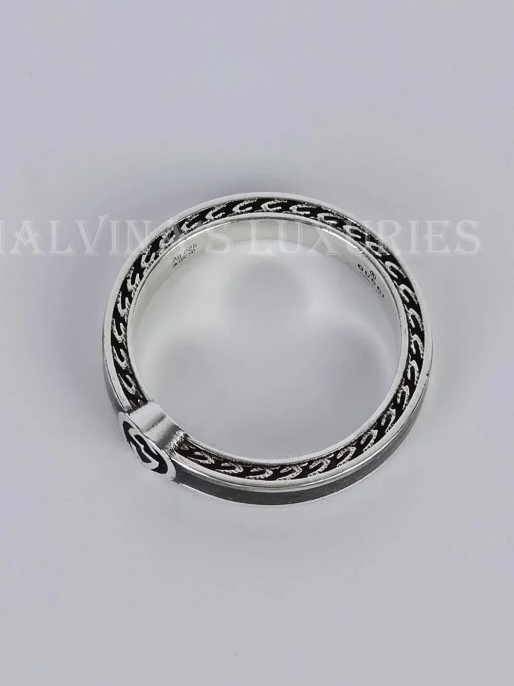 GUCCI RING STERLING SILVER w BLACK ENAMEL INTERLOCKING GG LOGO sz 17 US 8
